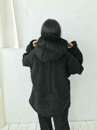 Angora Fur Oversized Hooded Zip-Up Jacket