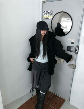 Angora Fur Oversized Hooded Zip-Up Jacket