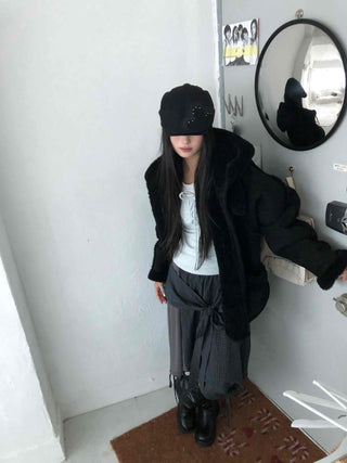 Angora Fur Oversized Hooded Zip-Up Jacket
