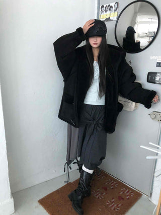 Angora Fur Oversized Hooded Zip-Up Jacket
