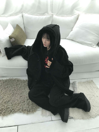Angora Fur Oversized Hooded Zip-Up Jacket