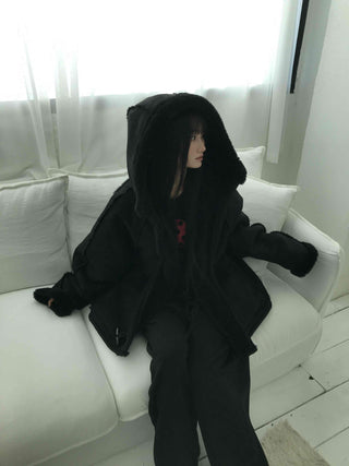 Angora Fur Oversized Hooded Zip-Up Jacket