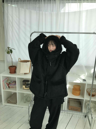 Angora Fur Oversized Hooded Zip-Up Jacket