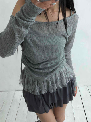Romantic Ruffle Hem Off-Shoulder Slim Knit
