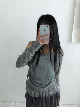 Romantic Ruffle Hem Off-Shoulder Slim Knit