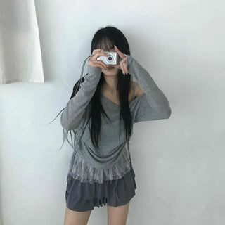 Romantic Ruffle Hem Off-Shoulder Slim Knit