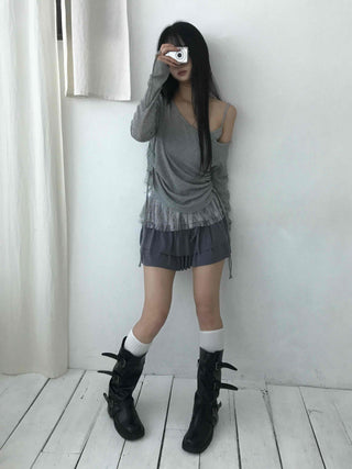 Romantic Ruffle Hem Off-Shoulder Slim Knit