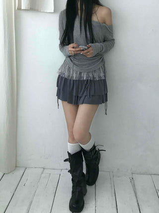 Romantic Ruffle Hem Off-Shoulder Slim Knit