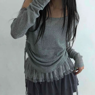 Romantic Ruffle Hem Off-Shoulder Slim Knit