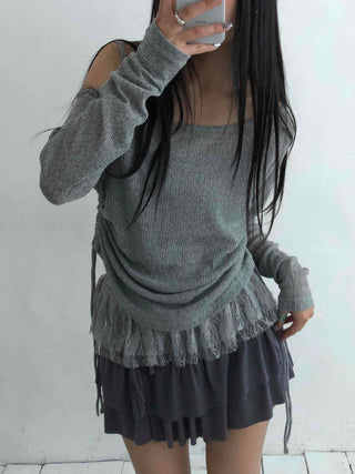 Romantic Ruffle Hem Off-Shoulder Slim Knit