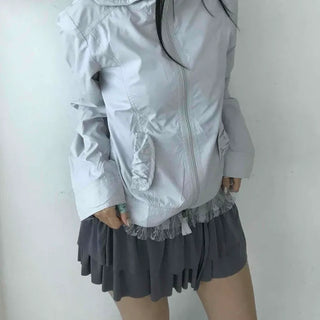 Sheer Shimmer Glossy Mesh Layered Zip-Up Windbreaker