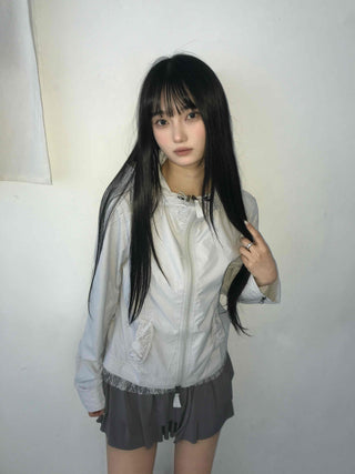 Sheer Shimmer Glossy Mesh Layered Zip-Up Windbreaker