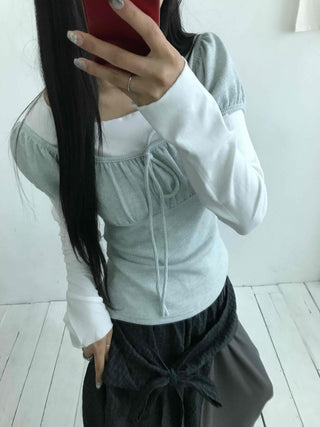 Asymmetrical Off-Shoulder Wrap Design Slim Fit Long Sleeve T-Shirt