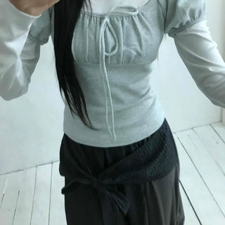 Asymmetrical Off-Shoulder Wrap Design Slim Fit Long Sleeve T-Shirt