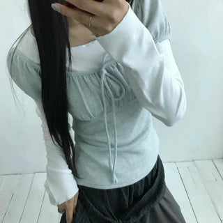 Asymmetrical Off-Shoulder Wrap Design Slim Fit Long Sleeve T-Shirt