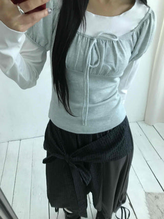 Asymmetrical Off-Shoulder Wrap Design Slim Fit Long Sleeve T-Shirt