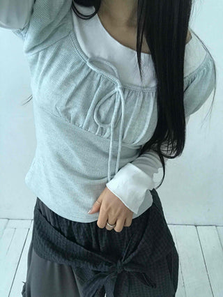 Asymmetrical Off-Shoulder Wrap Design Slim Fit Long Sleeve T-Shirt
