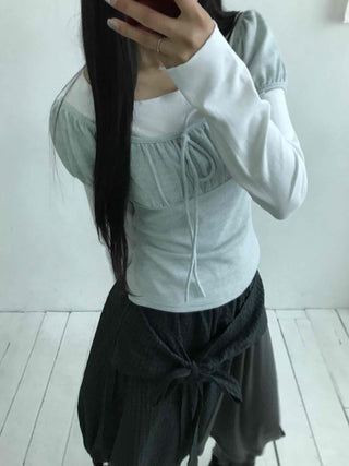Asymmetrical Off-Shoulder Wrap Design Slim Fit Long Sleeve T-Shirt