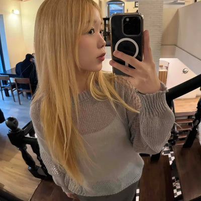 Daily See-through Ribbed Round Neck Knit