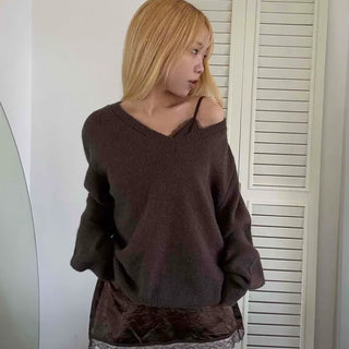 Quilted Layered Loose Fit V-Neck Knit