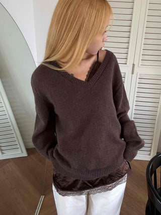 Quilted Layered Loose Fit V-Neck Knit
