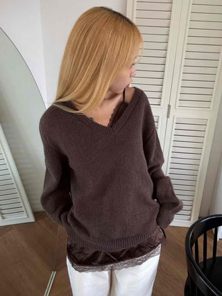 Quilted Layered Loose Fit V-Neck Knit