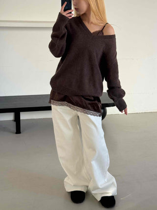 Quilted Layered Loose Fit V-Neck Knit