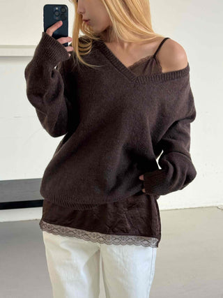 Quilted Layered Loose Fit V-Neck Knit