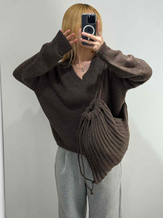 Quilted Layered Loose Fit V-Neck Knit
