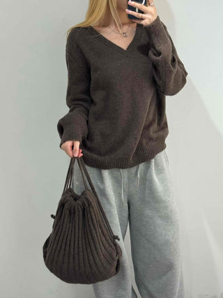 Quilted Layered Loose Fit V-Neck Knit