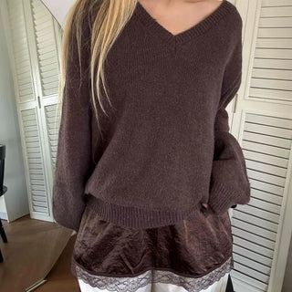 Quilted Layered Loose Fit V-Neck Knit