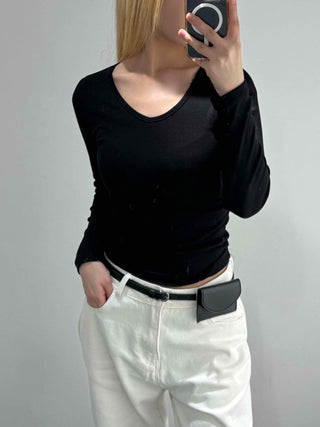 Modern Square Neck Front Twist Crop Long Sleeve Tee