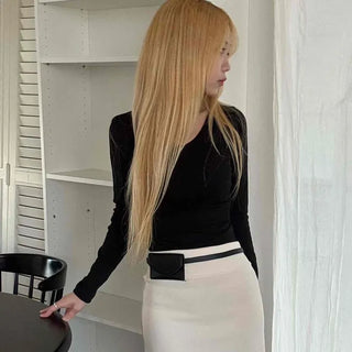Modern Square Neck Front Twist Crop Long Sleeve Tee