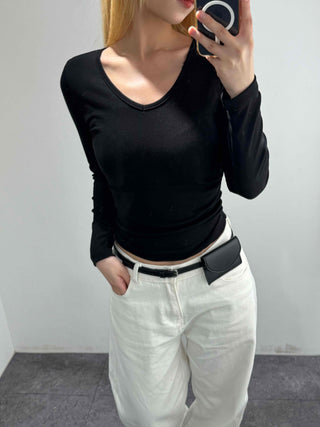 Modern Square Neck Front Twist Crop Long Sleeve Tee