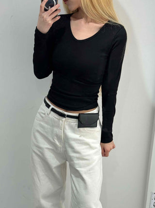 Modern Square Neck Front Twist Crop Long Sleeve Tee