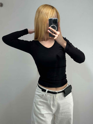 Modern Square Neck Front Twist Crop Long Sleeve Tee