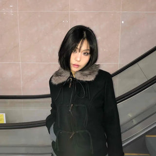 Fur-trimmed hooded duffle short coat