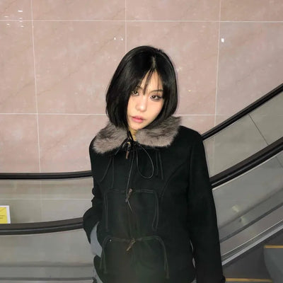 Fur-trimmed hooded duffle short coat