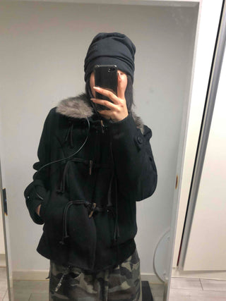 Fur-trimmed hooded duffle short coat
