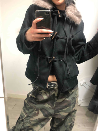 Fur-trimmed hooded duffle short coat