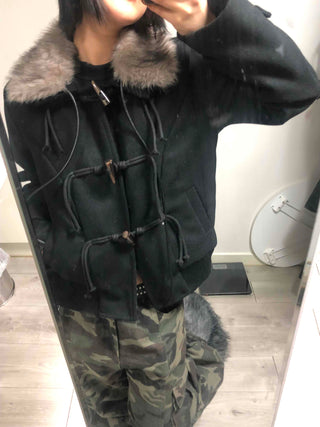 Fur-trimmed hooded duffle short coat