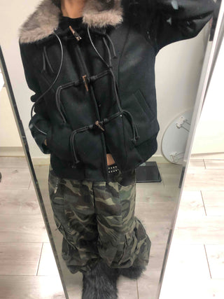 Fur-trimmed hooded duffle short coat