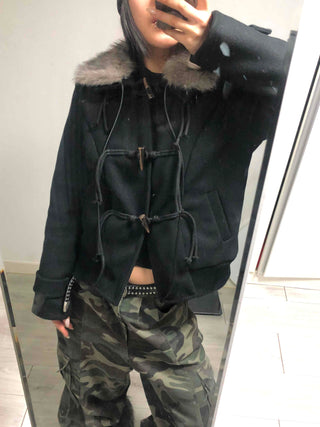 Fur-trimmed hooded duffle short coat
