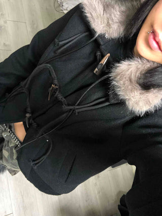 Fur-trimmed hooded duffle short coat