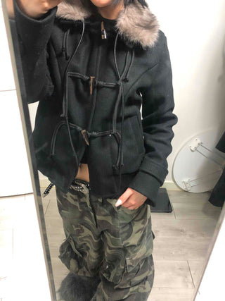 Fur-trimmed hooded duffle short coat