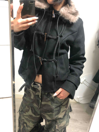 Fur-trimmed hooded duffle short coat