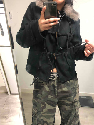 Fur-trimmed hooded duffle short coat