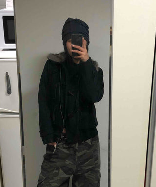 Fur-trimmed hooded duffle short coat