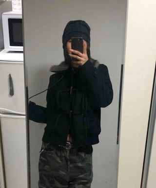 Fur-trimmed hooded duffle short coat