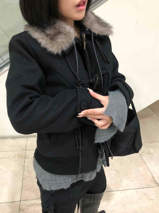 Fur-trimmed hooded duffle short coat